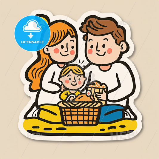 Parents And Their Two Toddlers Having A Picnic In The Park - A Sticker Of A Family Sitting On The Ground