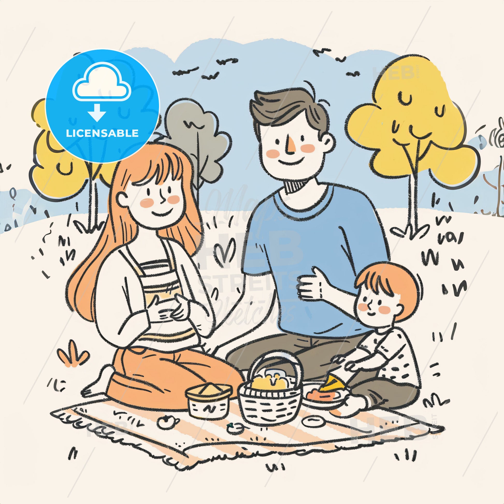 Parents And Their Two Toddlers Having A Picnic In The Park - A Cartoon Of A Family Picnic