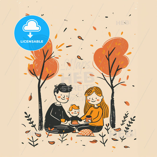 Parents And Their Two Toddlers Having A Picnic In The Park - A Cartoon Of A Family Sitting On The Ground