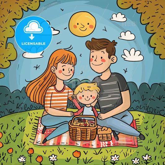 Parents And Their Two Toddlers Having A Picnic In The Park - A Cartoon Of A Family On A Picnic Blanket