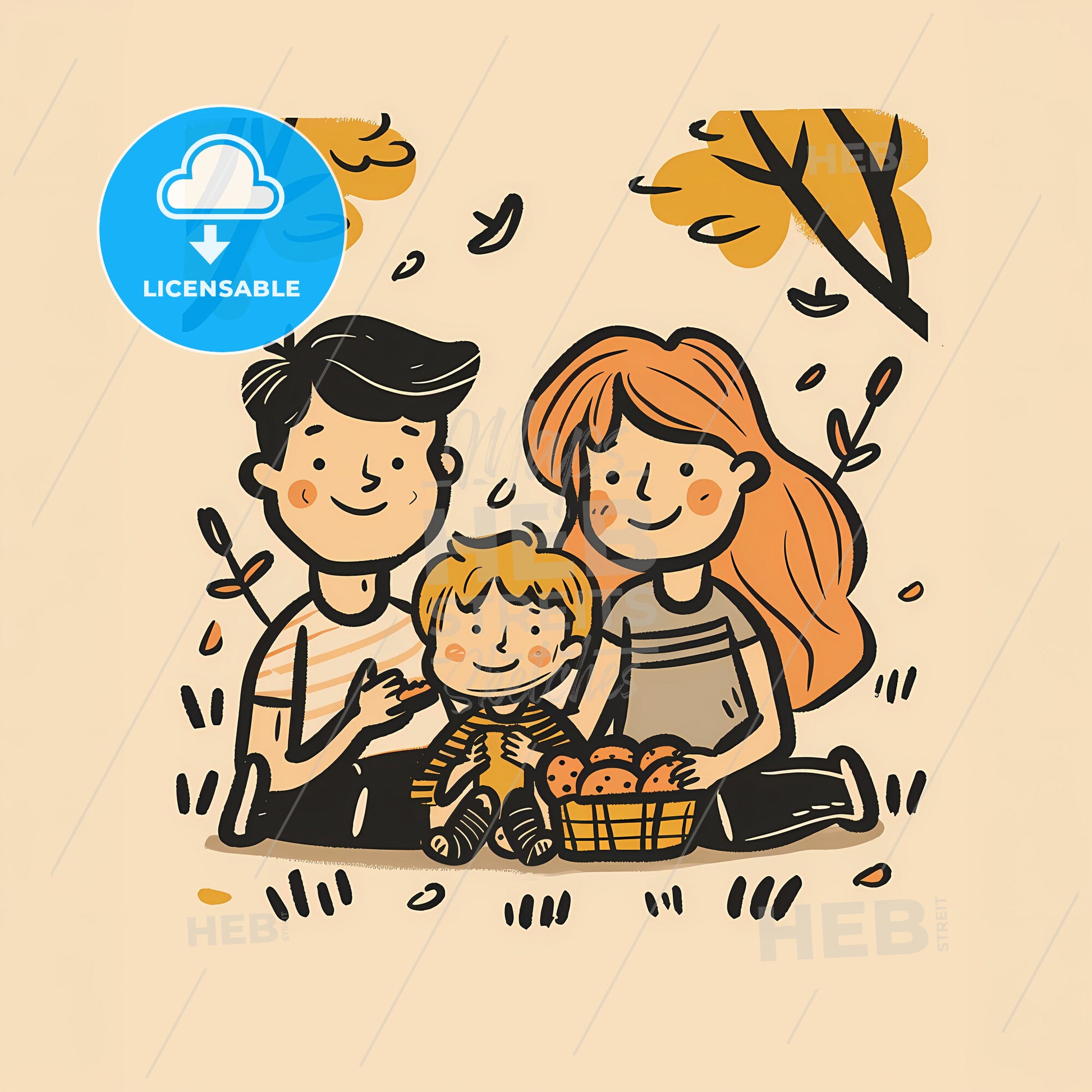 Parents And Their Two Toddlers Having A Picnic In The Park - A Cartoon Of A Family Sitting On The Grass