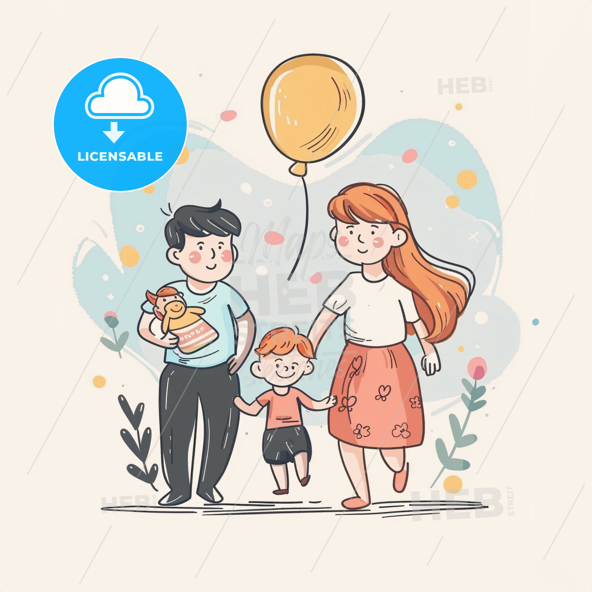 Parents Picking Toys While Their Toddler Is Running Around - A Cartoon Of A Family Walking With A Balloon