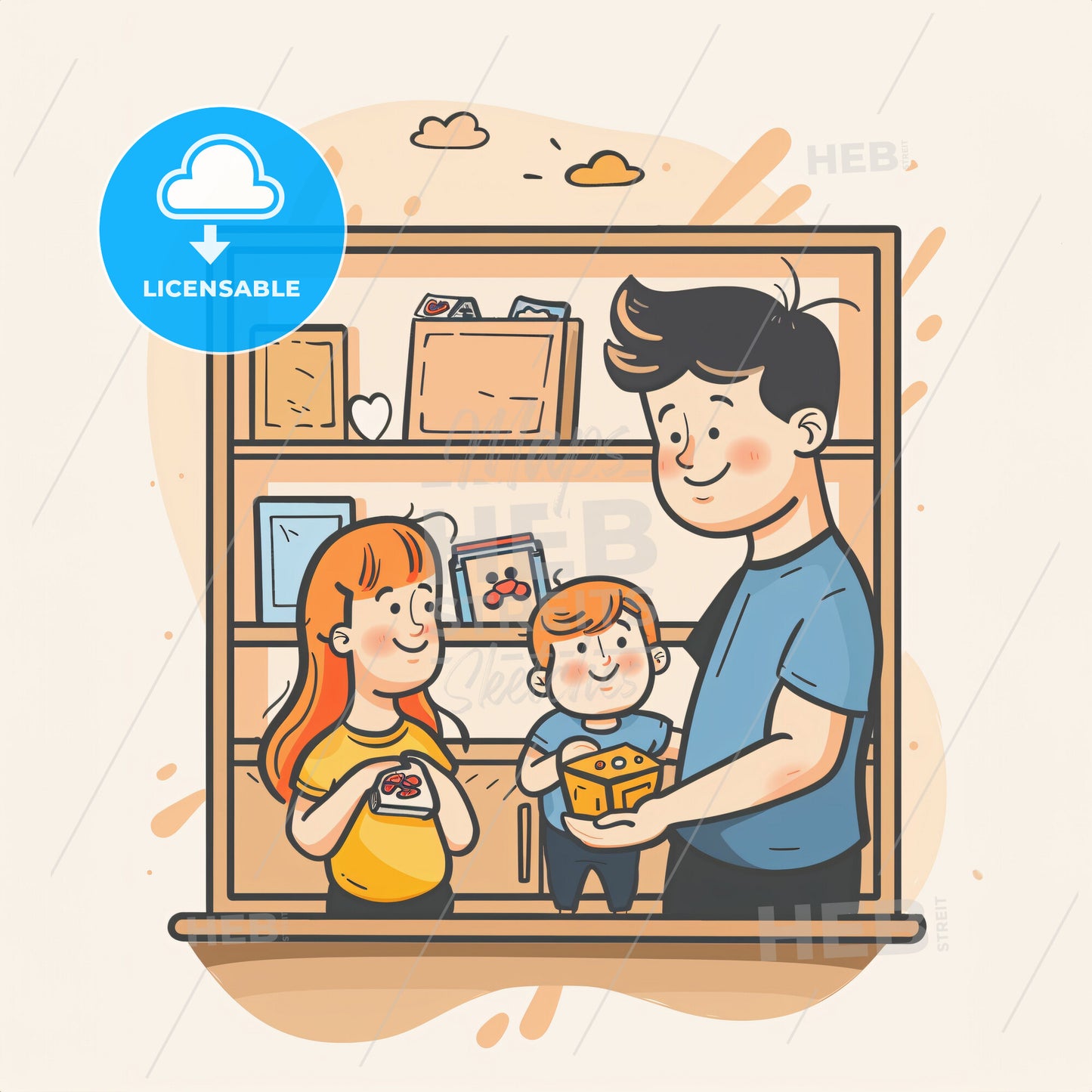 Parents Picking Toys While Their Toddler Is Running Around - A Man And Two Children Standing In Front Of A Shelf