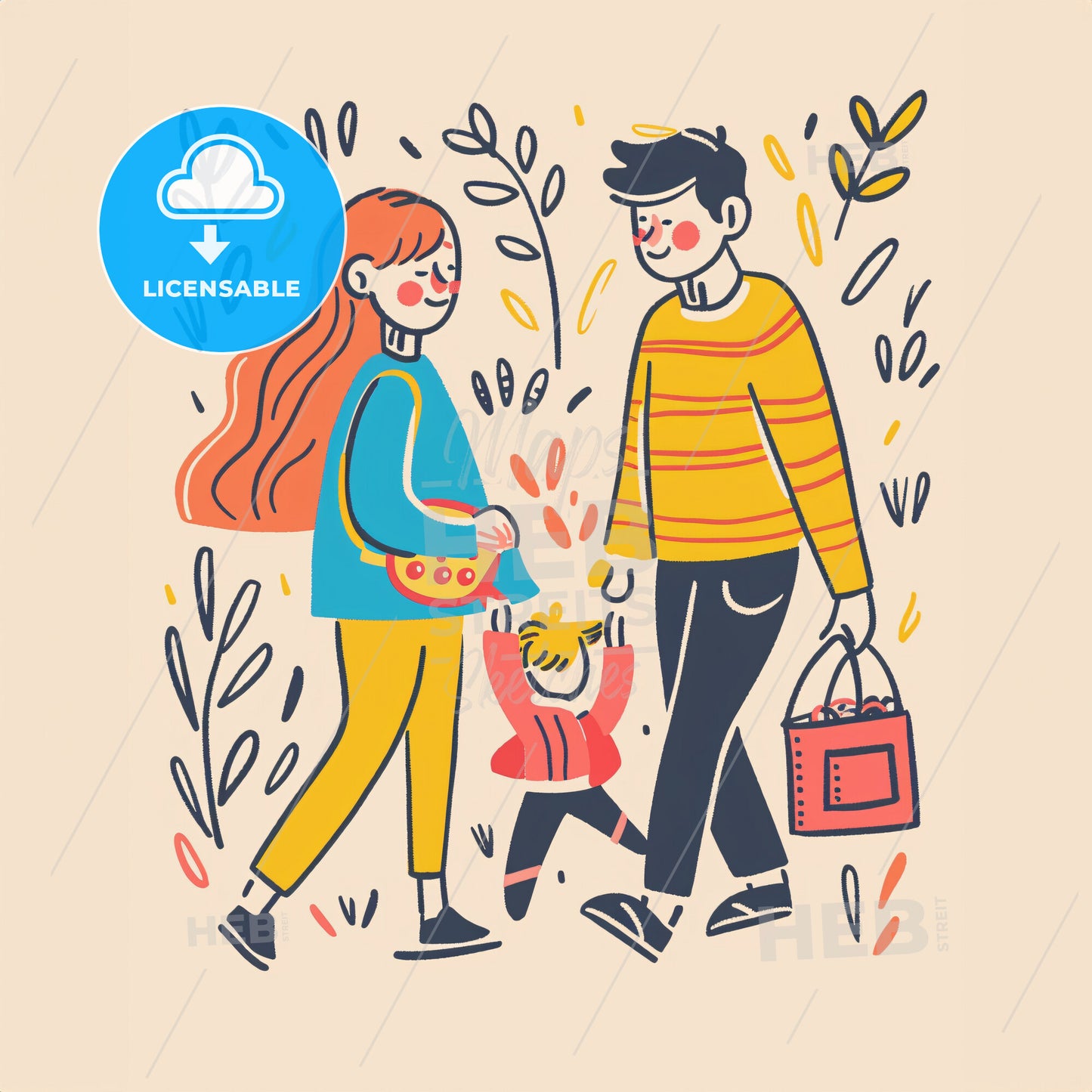 Parents Picking Toys While Their Toddler Is Running Around - A Cartoon Of A Man And A Woman Walking With A Child