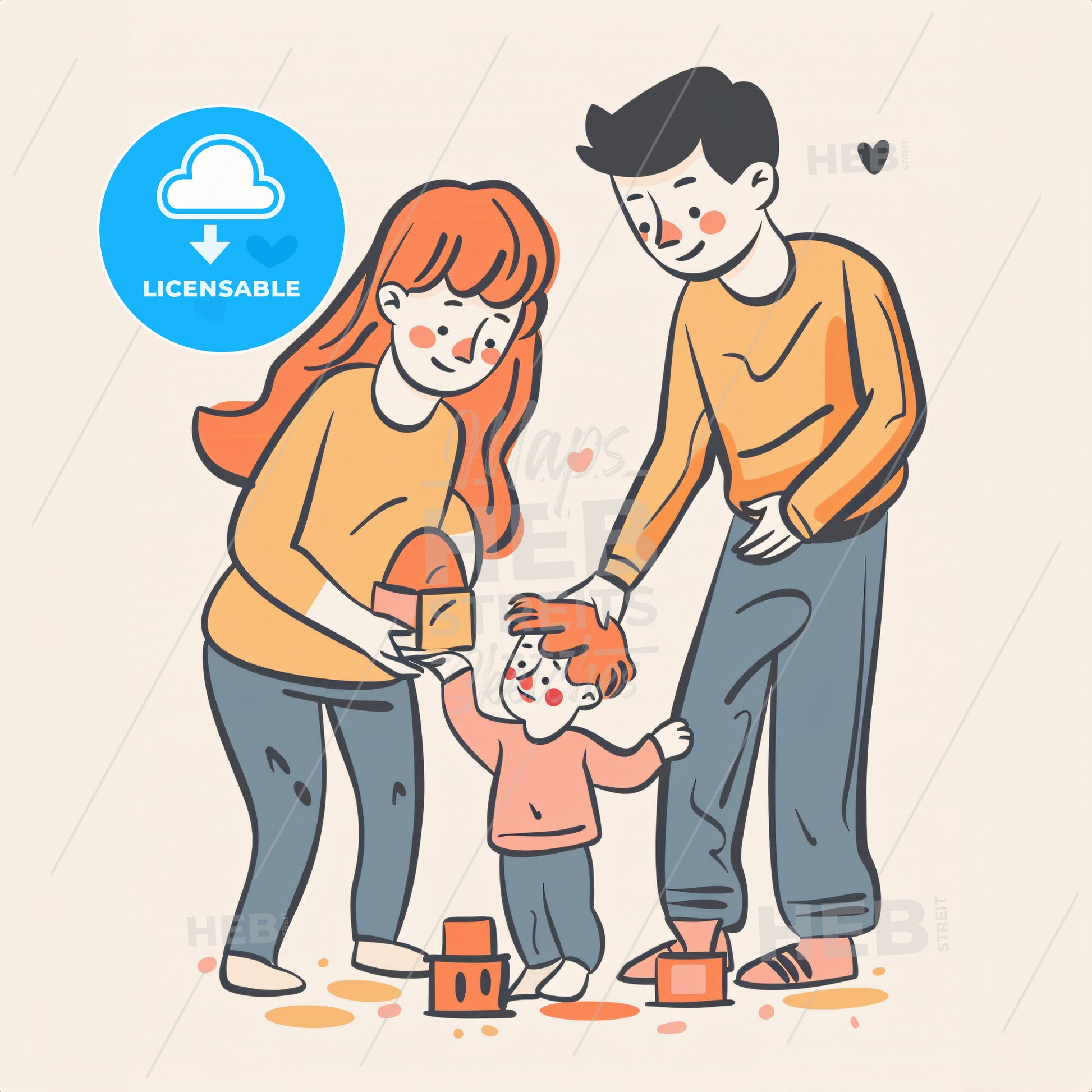 Parents Picking Toys While Their Toddler Is Running Around - A Cartoon Of A Family Playing With A Child