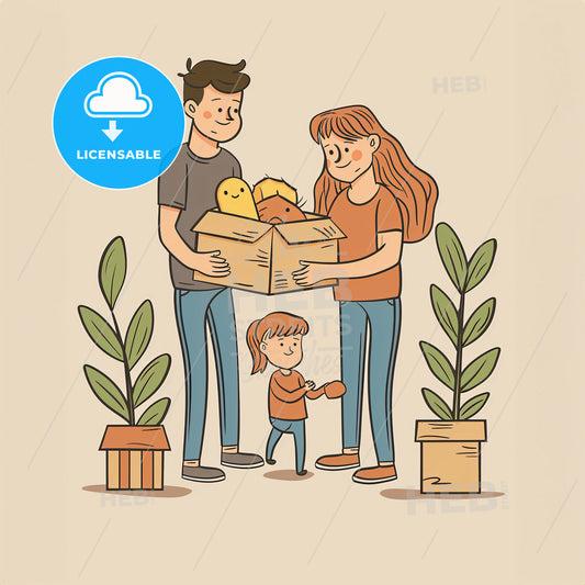 Parents Picking Toys While Their Toddler Is Running Around - A Cartoon Of A Family Holding A Box