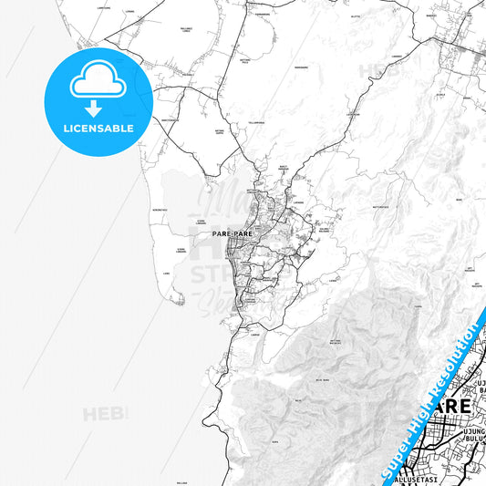 Parepare, Indonesia light map with streetnames, citynames and districts
