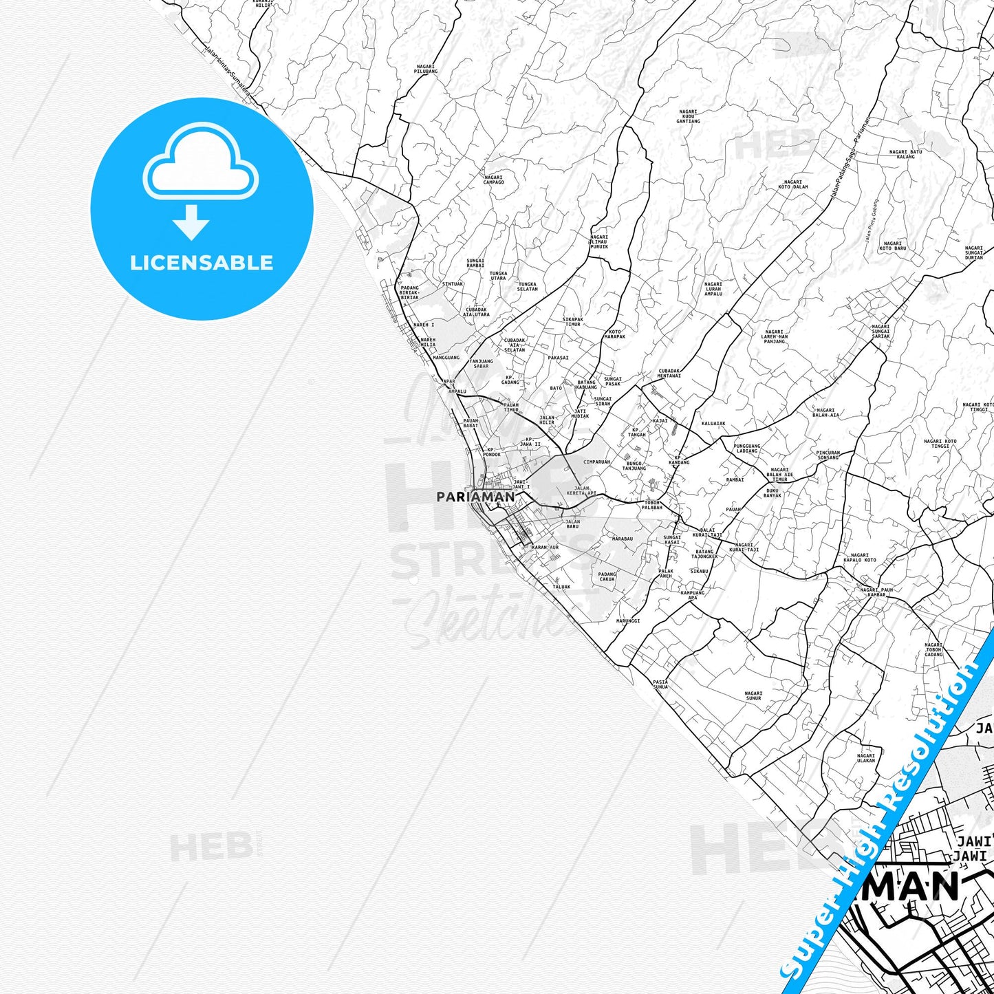 Pariaman, Indonesia light map with streetnames, citynames and districts