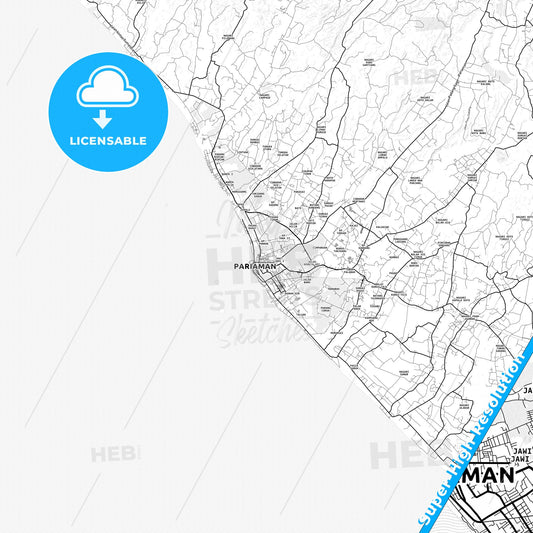 Pariaman, Indonesia light map with streetnames, citynames and districts