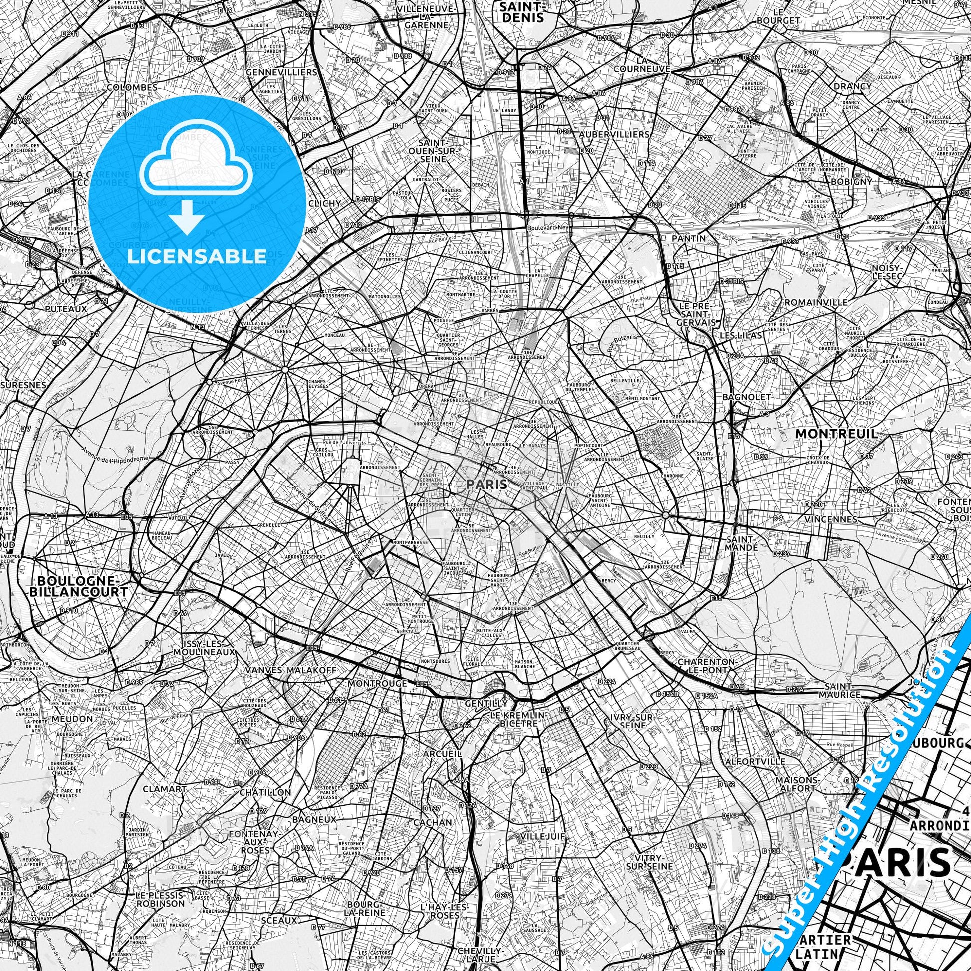 Paris, France light map with streetnames, citynames and districts