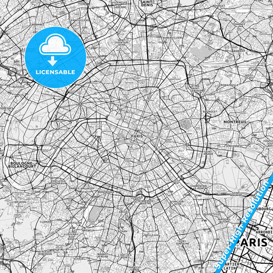 Paris, France light map with streetnames, citynames and districts