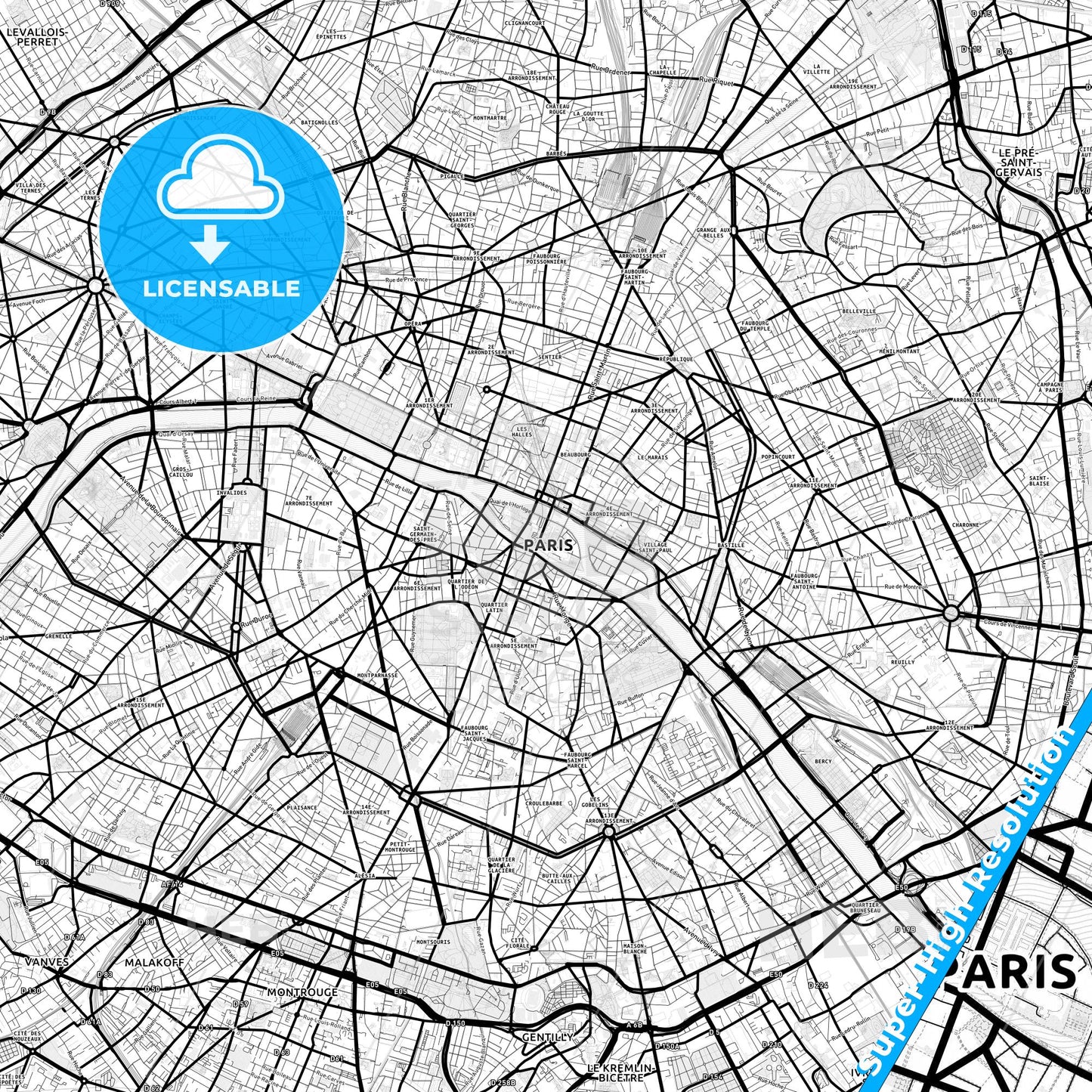 Paris, France Light Map with Street Names, City Names, and Districts
