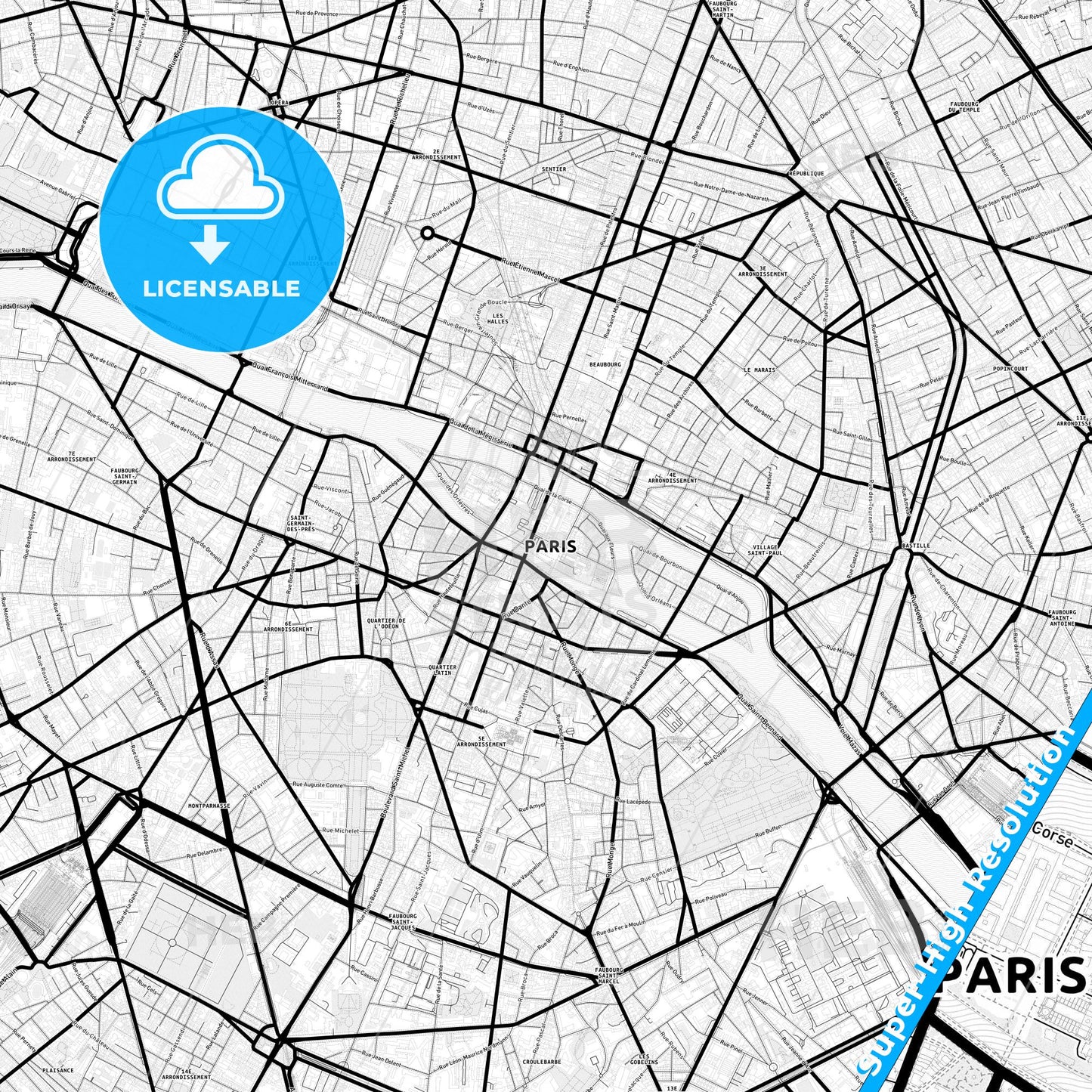 Paris, France Light Map with Street Names, City Names, and Districts
