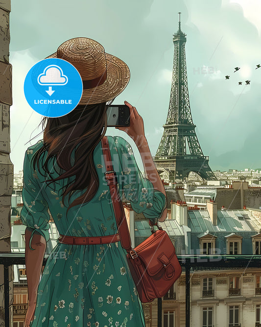 Vibrant Painting of Paris Skyline with Woman Photographing Eiffel Tower Captures Artistic Essence