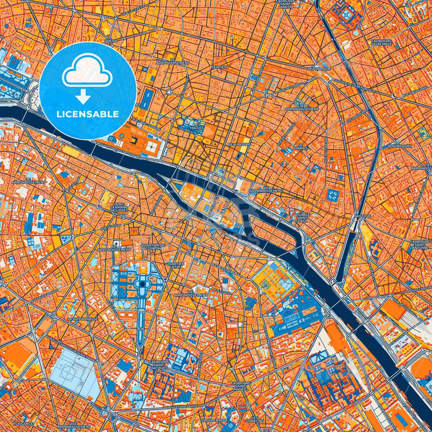 Colorful Paris Street Map with Labels and Buildings
