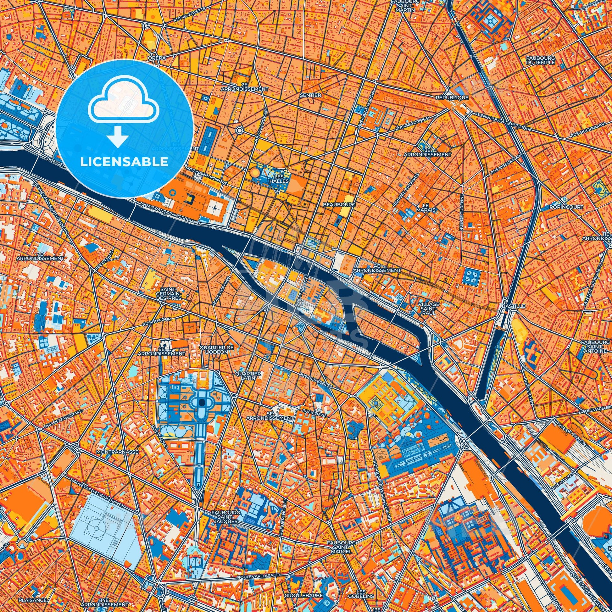 Colorful Paris Street Map with Labels and Buildings
