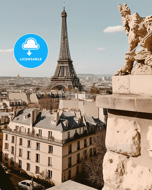 Vibrant Skyline Canvas Artwork: Cityscape with Statue on Ledge, Abstract Expressionism