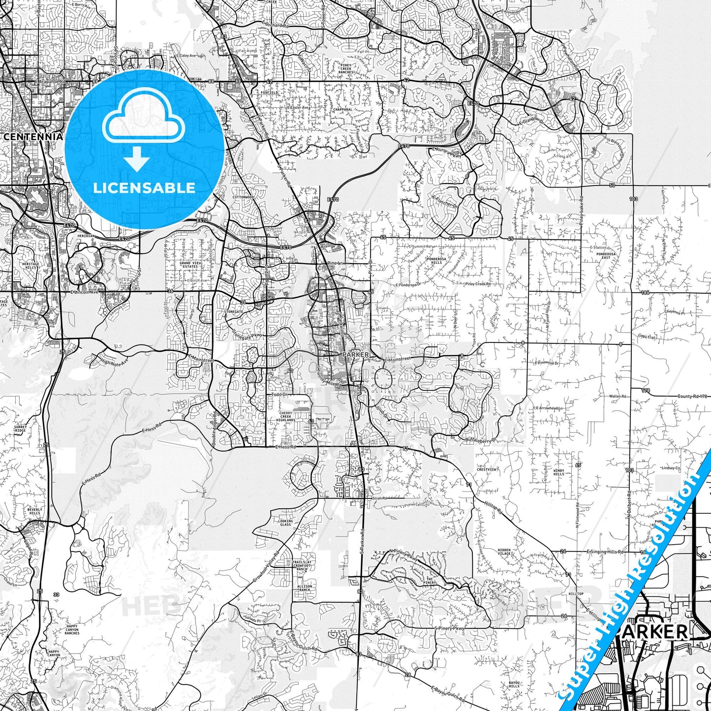 Parker, Colorado light map with streetnames, citynames and districts