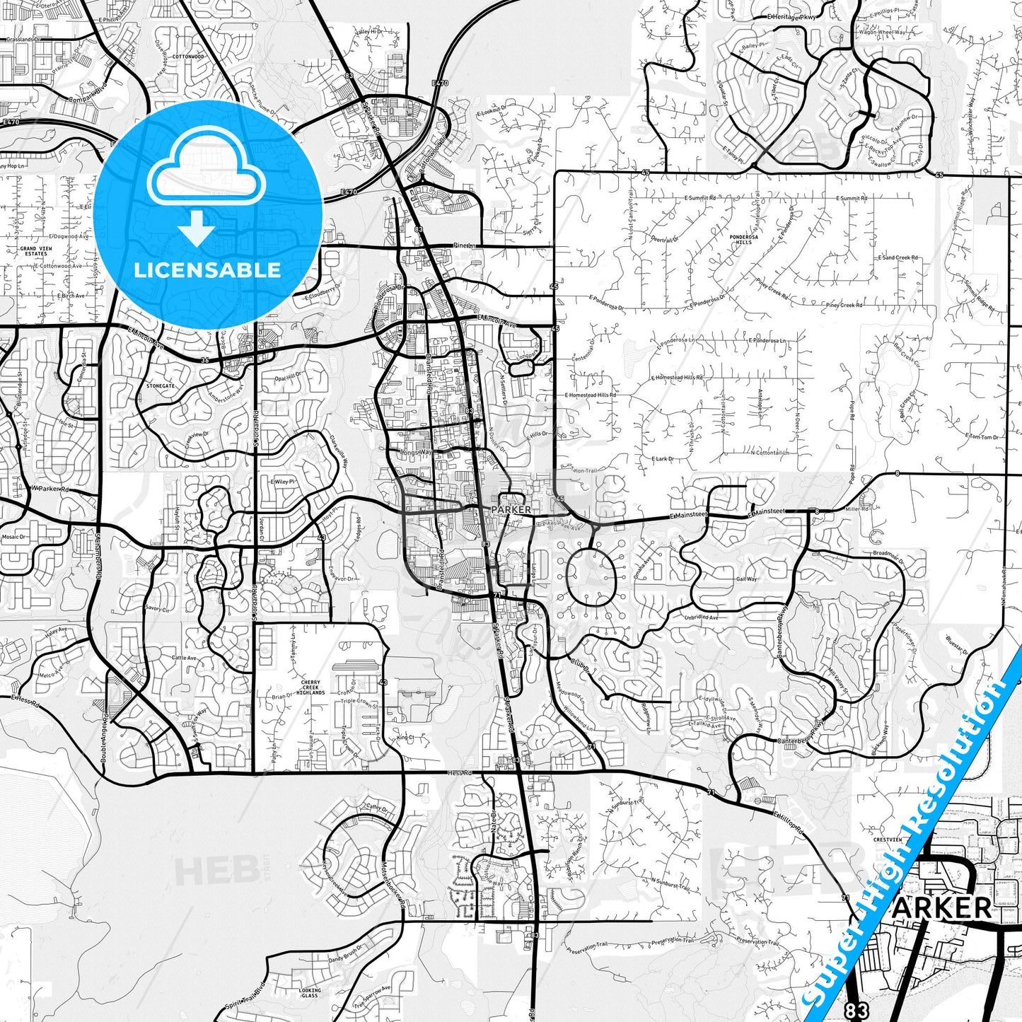 Parker, Colorado Light Map with Street Names, City Names, and Districts