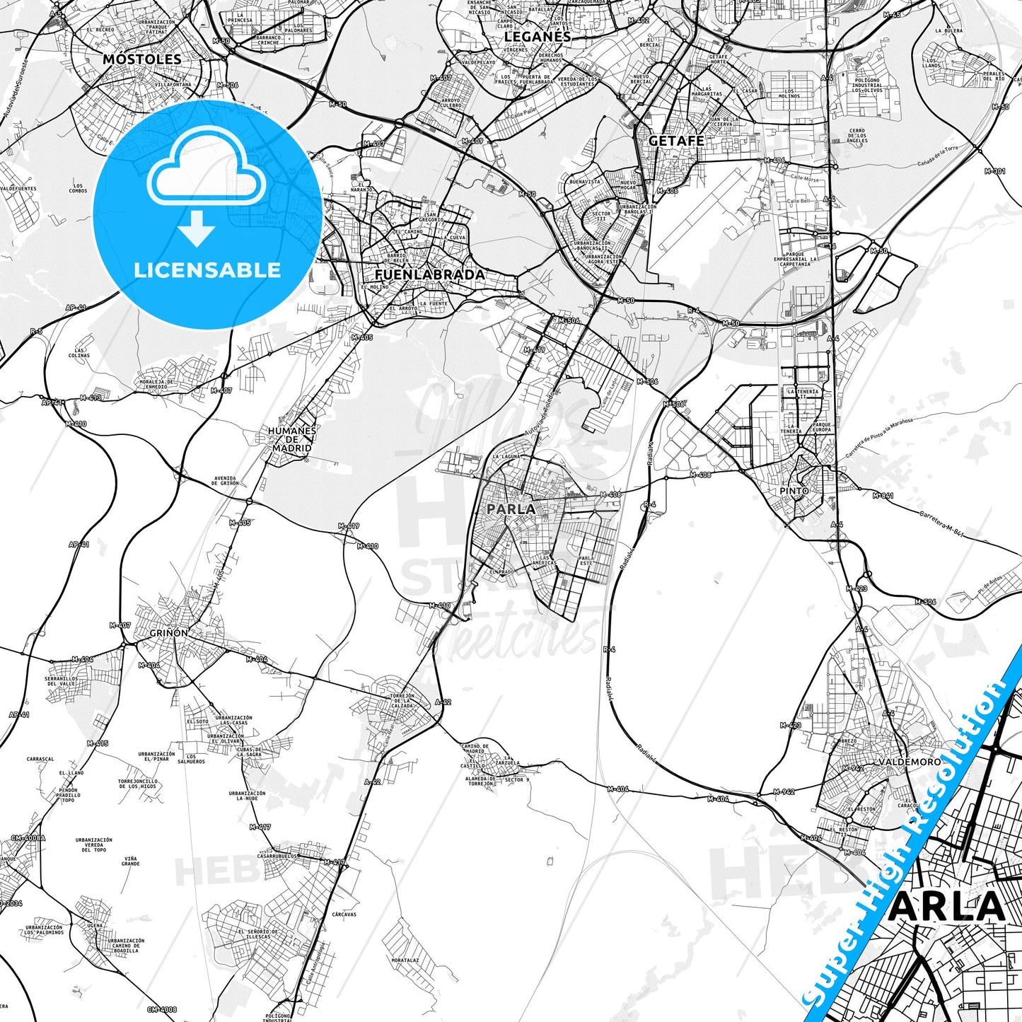 Parla, Spain light map with streetnames, citynames and districts