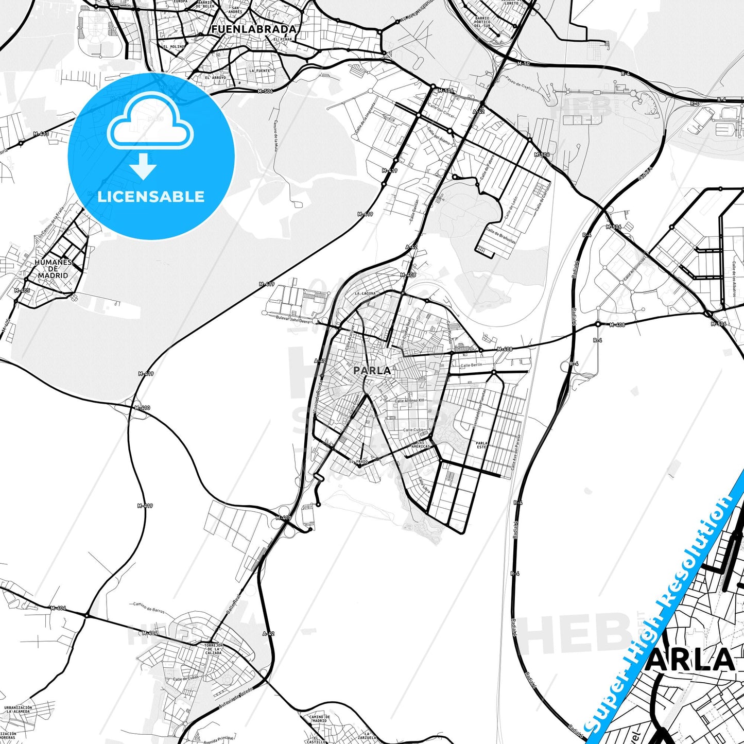Parla, Spain Light Map with Street Names, City Names, and Districts