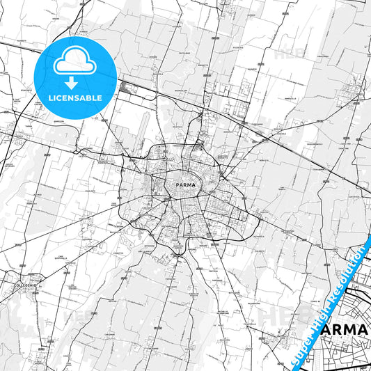 Parma, Italy light map with streetnames, citynames and districts