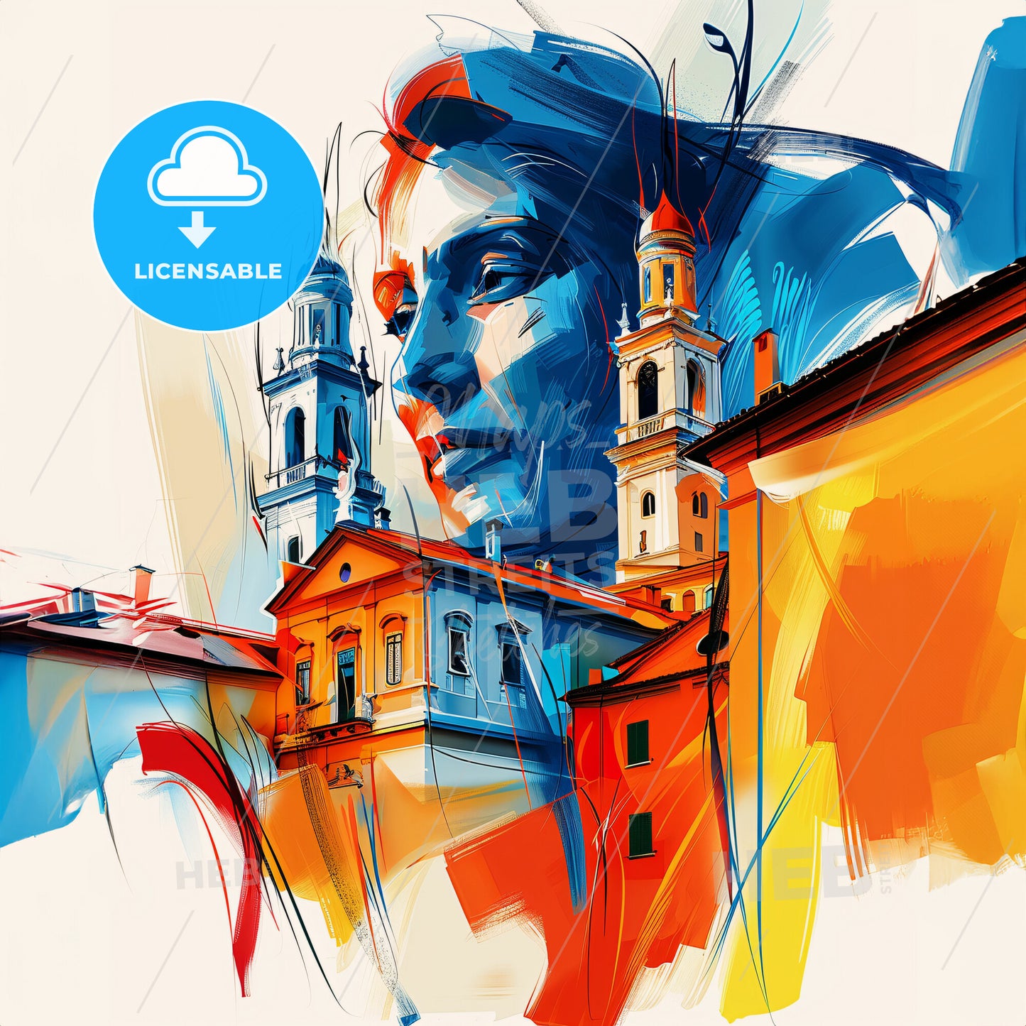 Vibrant Parma , Italy - A Painting Of A Woman's Face And Buildings