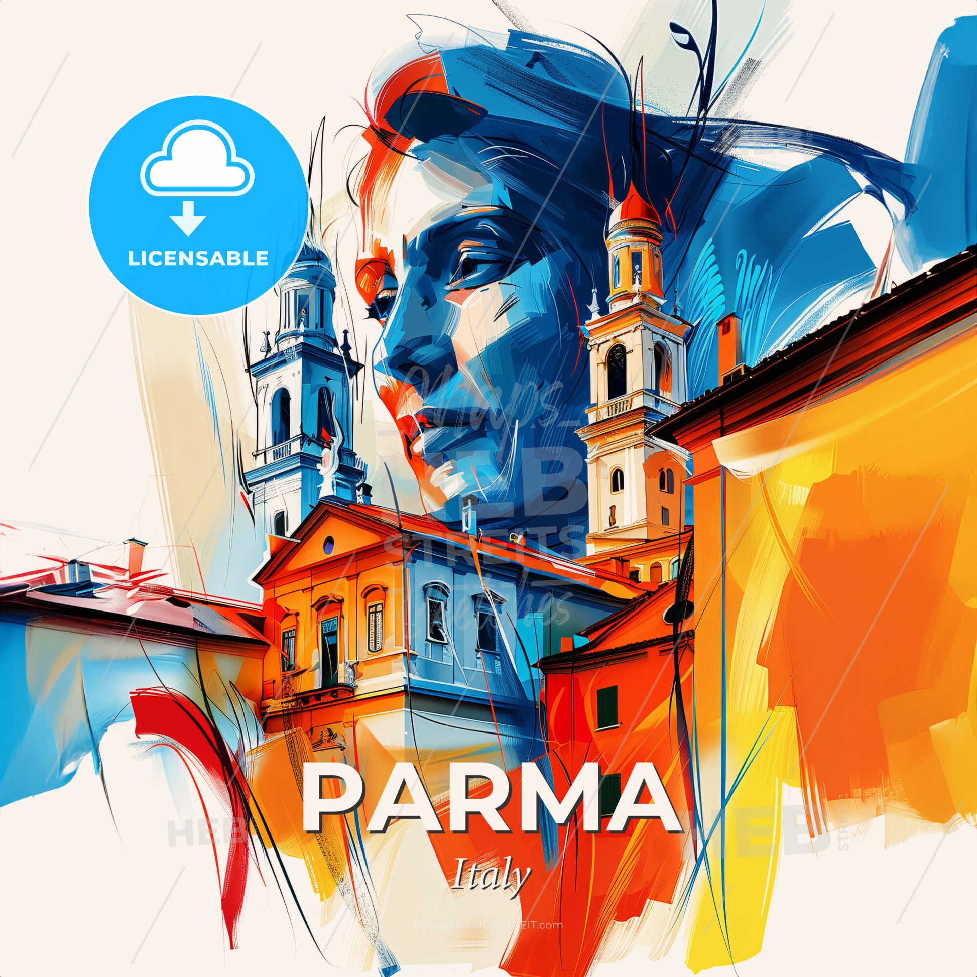 Vibrant Parma , Italy - A Painting Of A Woman's Face And Buildings - Square format print template