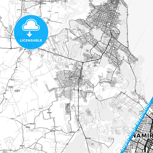 Parnamirim, Brazil light map with streetnames, citynames and districts