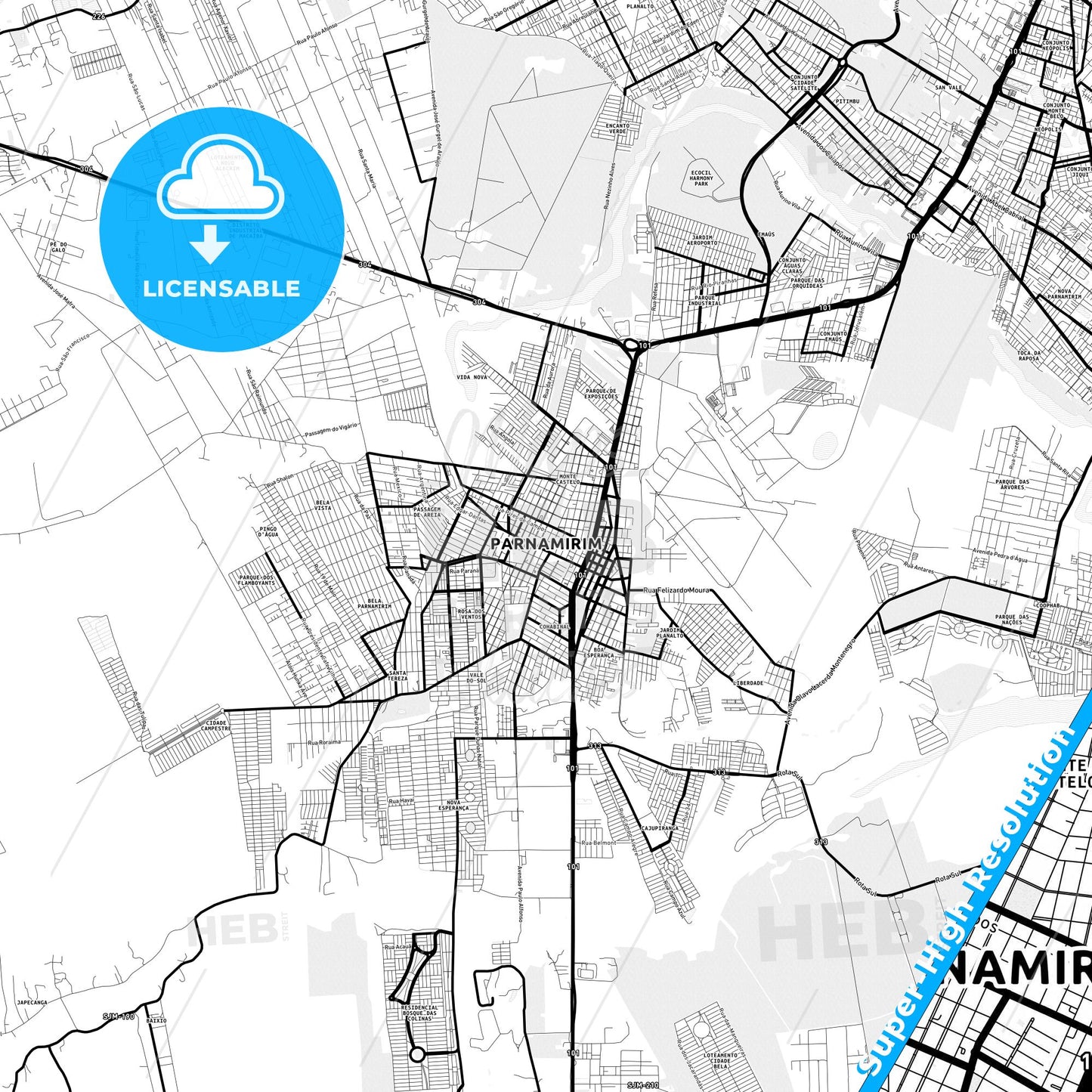 Parnamirim, Brazil Light Map with Street Names, City Names, and Districts