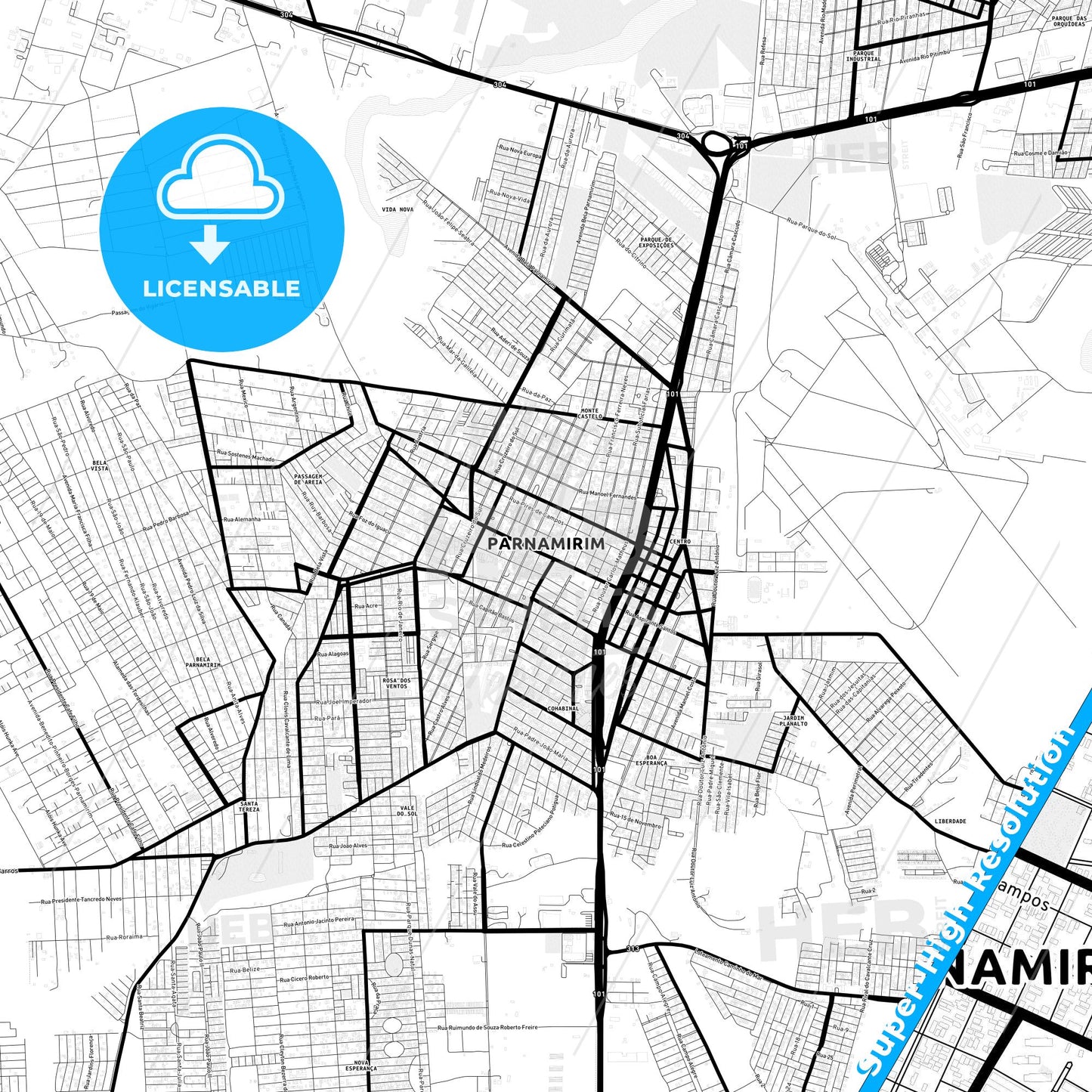 Parnamirim, Brazil Light Map with Street Names, City Names, and Districts