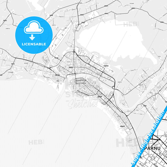 Pärnu, Estonia light map with streetnames, citynames and districts