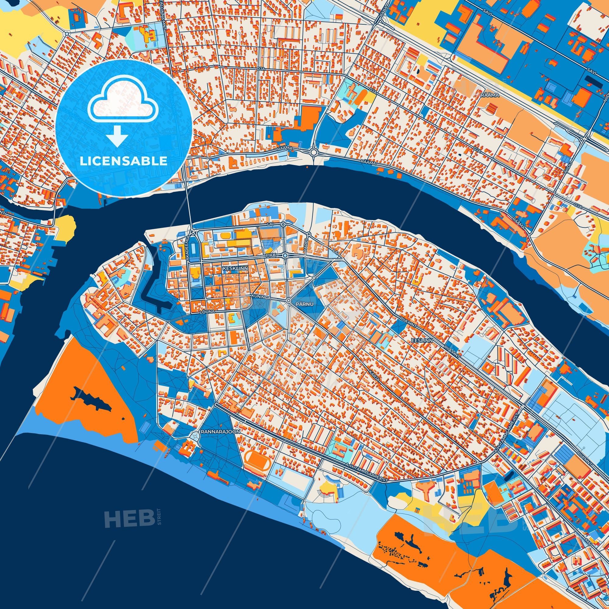 Colorful Pärnu Street Map With Labels And Buildings – HEBSTREITS