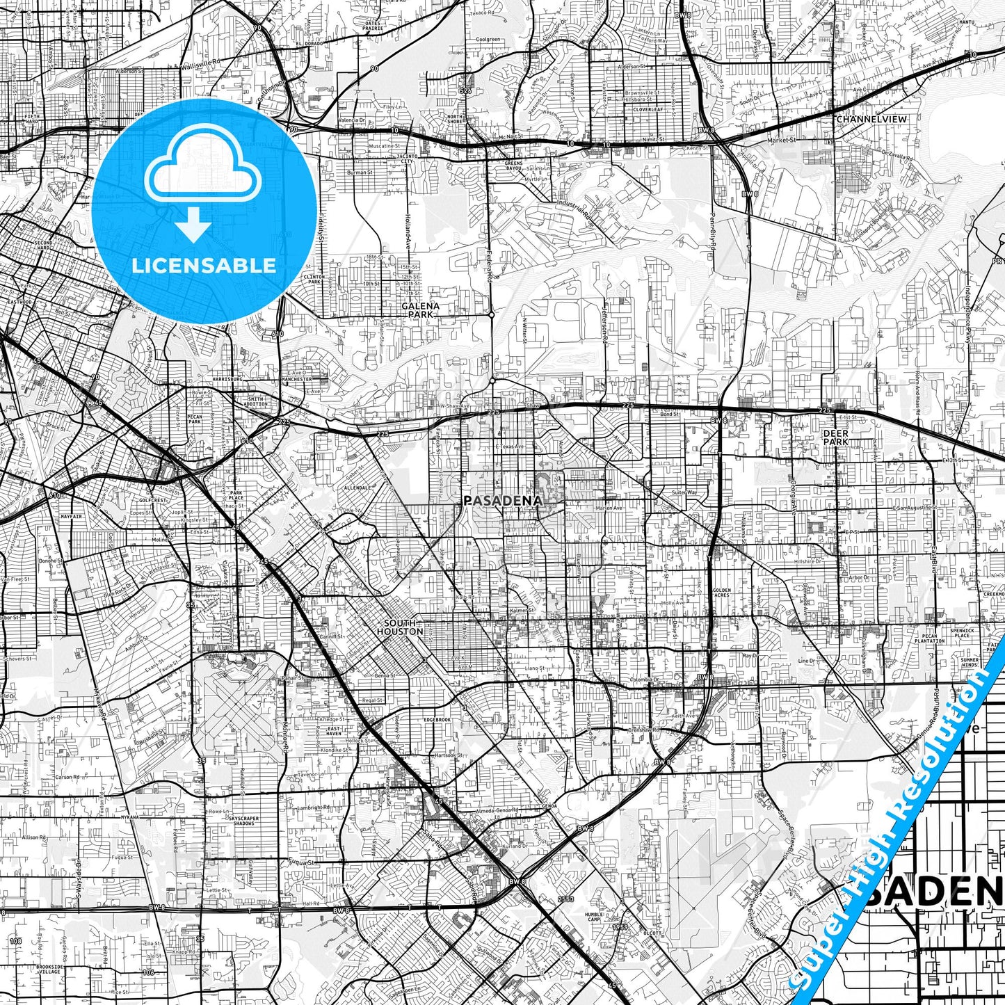 Pasadena, Texas light map with streetnames, citynames and districts
