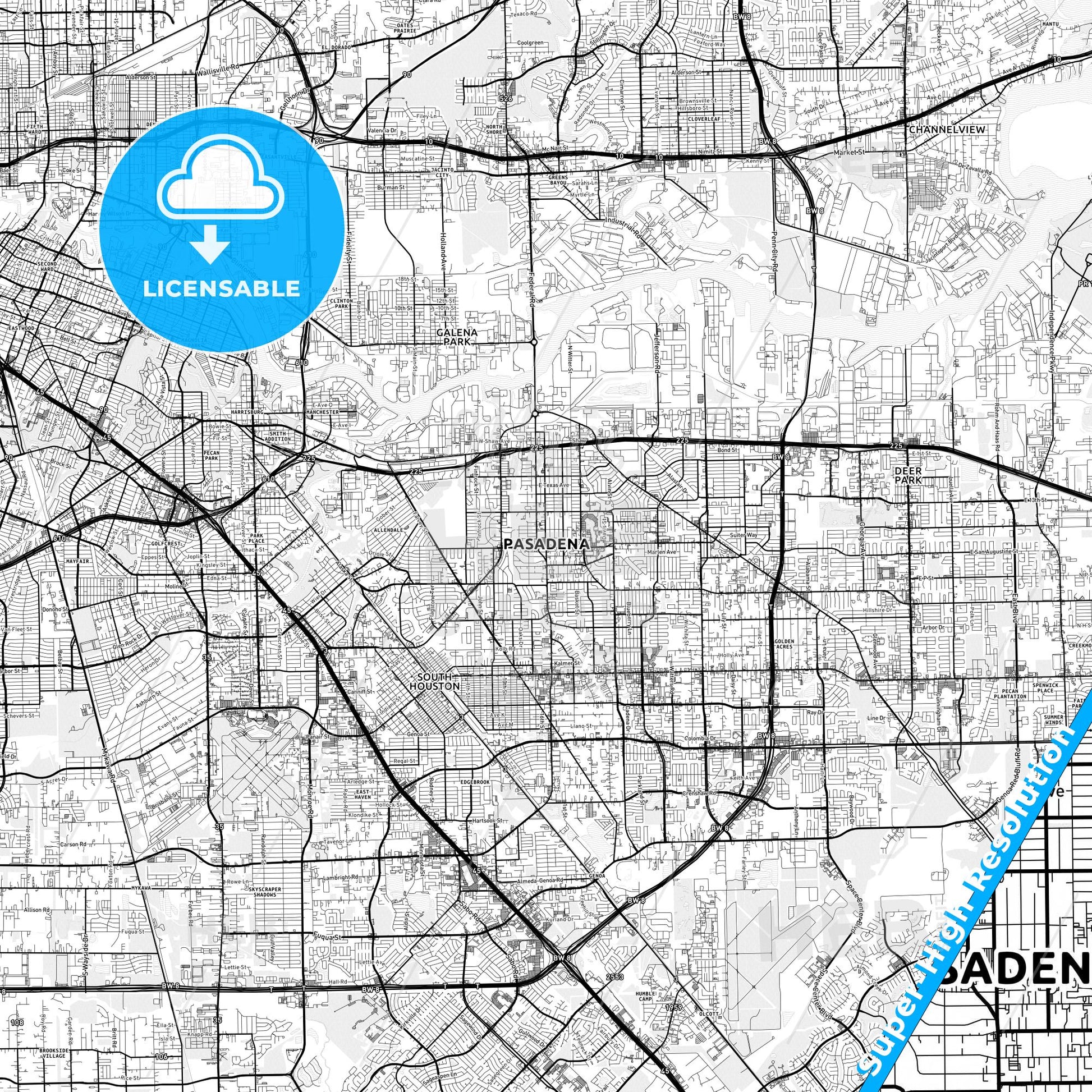 Pasadena, Texas light map with streetnames, citynames and districts