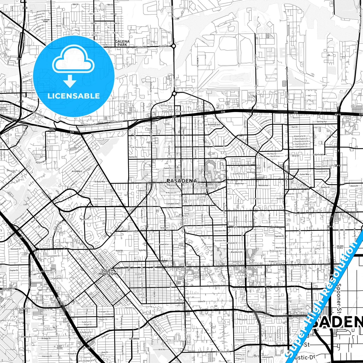 Pasadena, Texas Light Map with Street Names, City Names, and Districts
