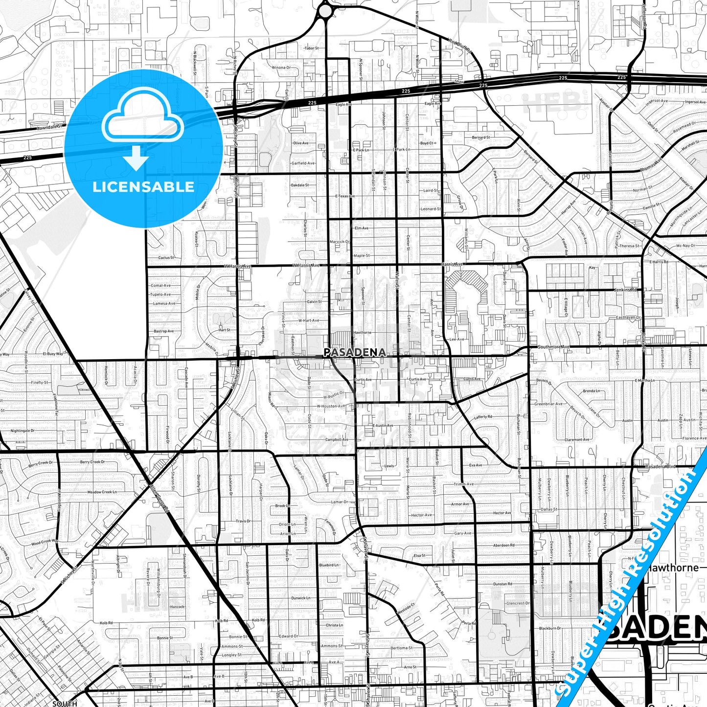 Pasadena, Texas Light Map with Street Names, City Names, and Districts