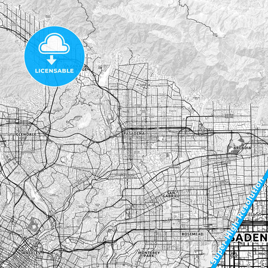 Pasadena, California light map with streetnames, citynames and districts