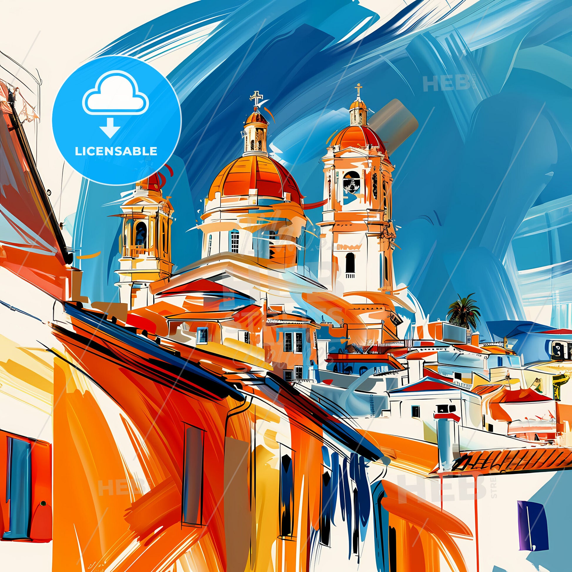 Vibrant Pasadena, California - A Painting Of A Building With A Dome And A Blue And White Background