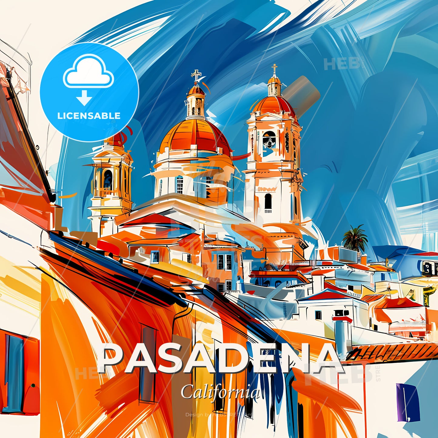 Vibrant Pasadena, California - A Painting Of A Building With A Dome And A Blue And White Background - Square format print template