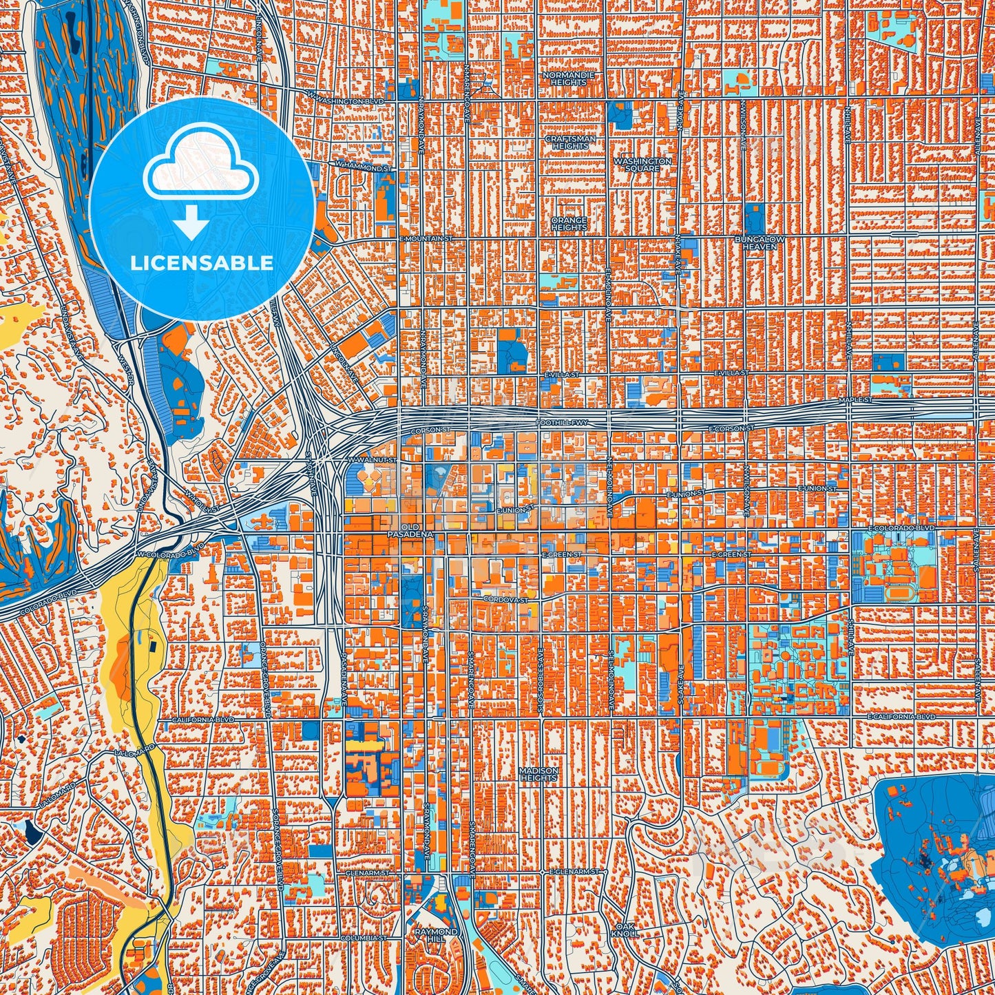 Colorful Pasadena Street Map with Labels and Buildings