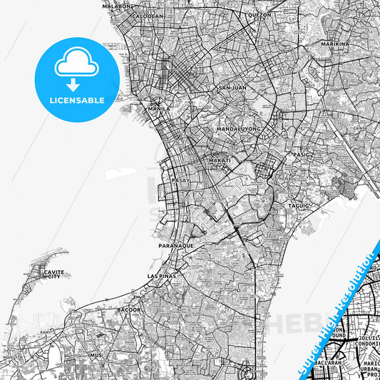 Pasay, Philippines light map with streetnames, citynames and districts