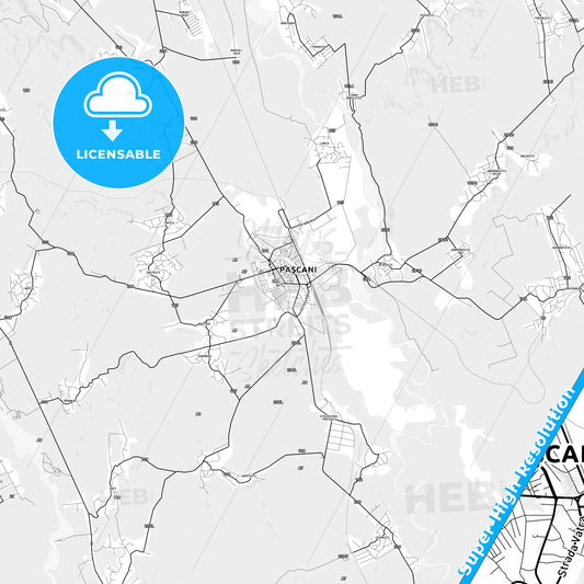 Pașcani, Romania light map with streetnames, citynames and districts
