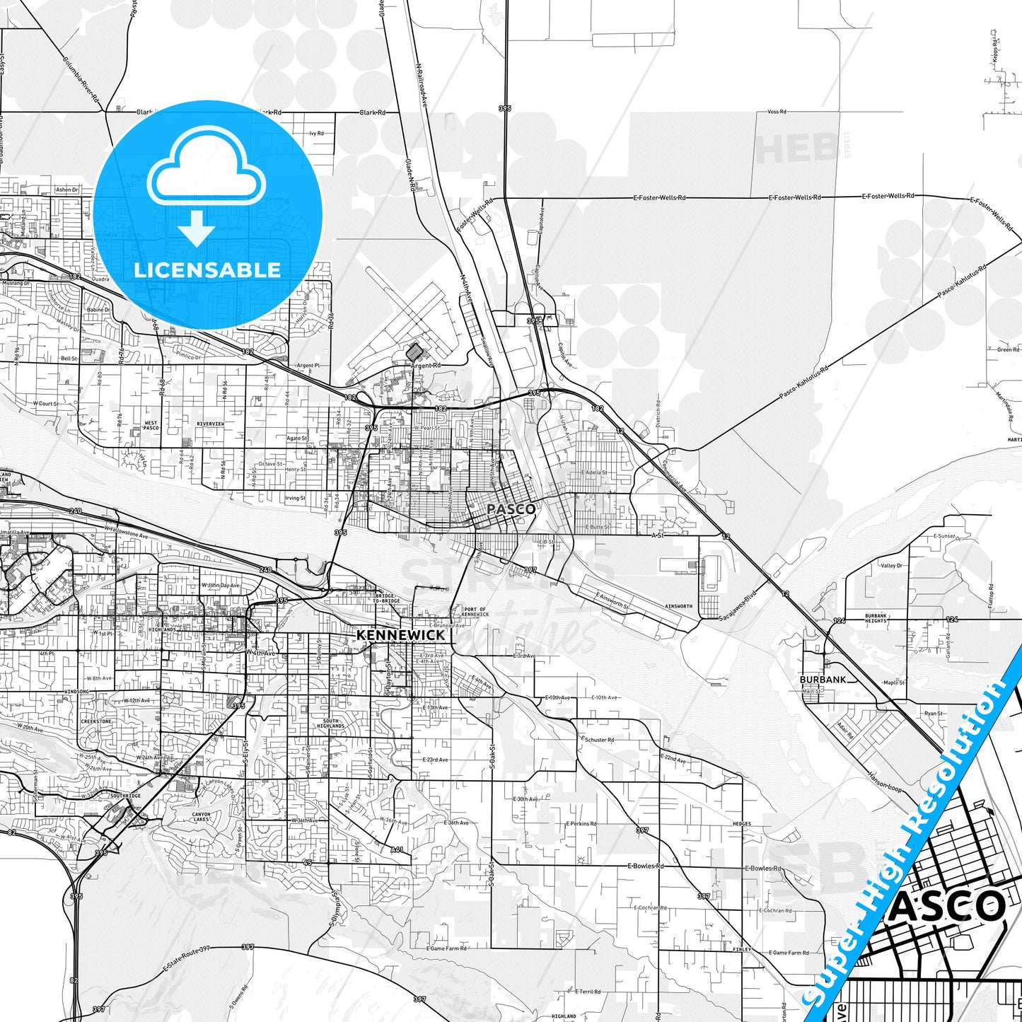 Pasco, Washington light map with streetnames, citynames and districts