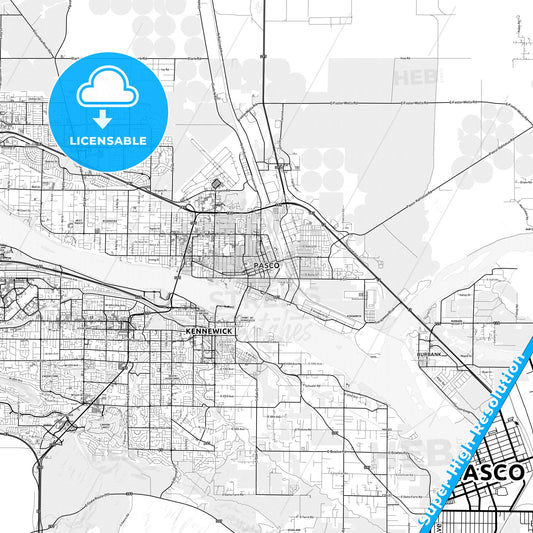 Pasco, Washington light map with streetnames, citynames and districts