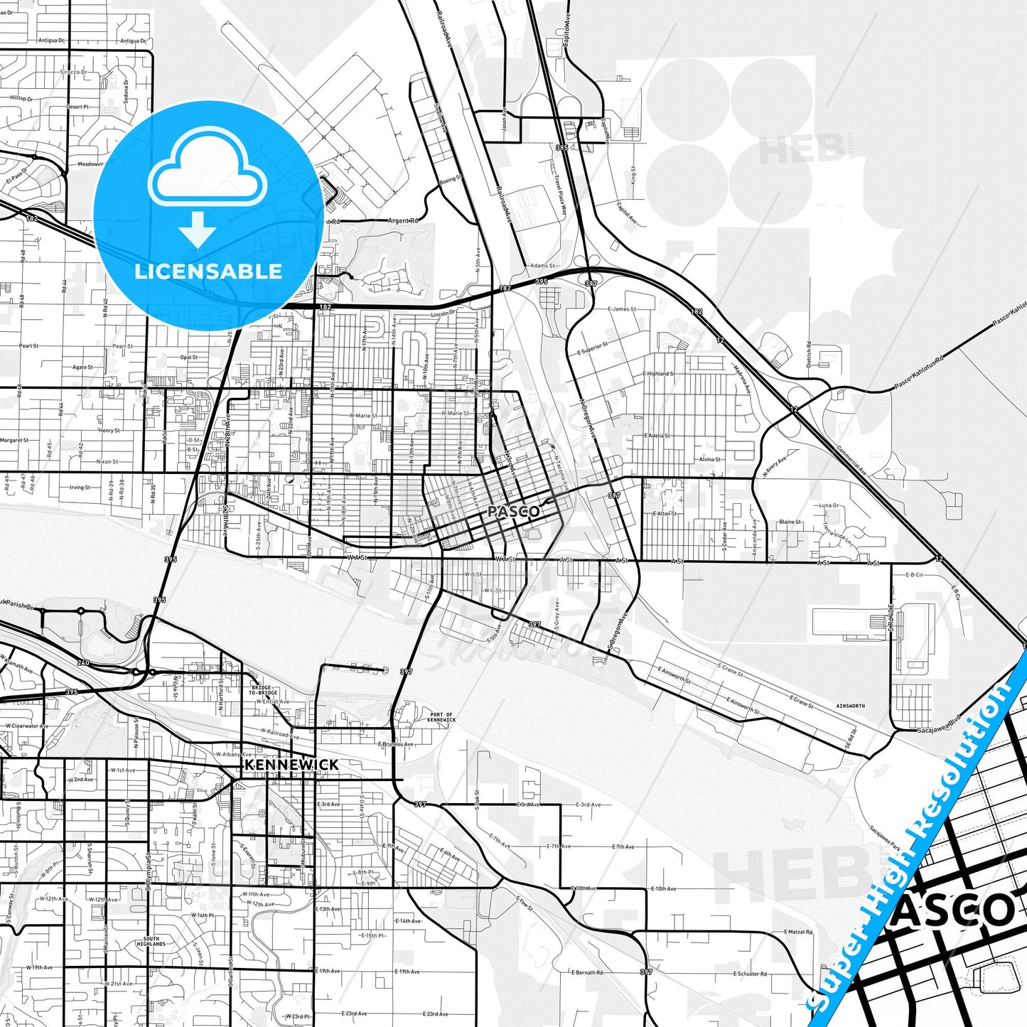 Pasco, Washington Light Map with Street Names, City Names, and Districts