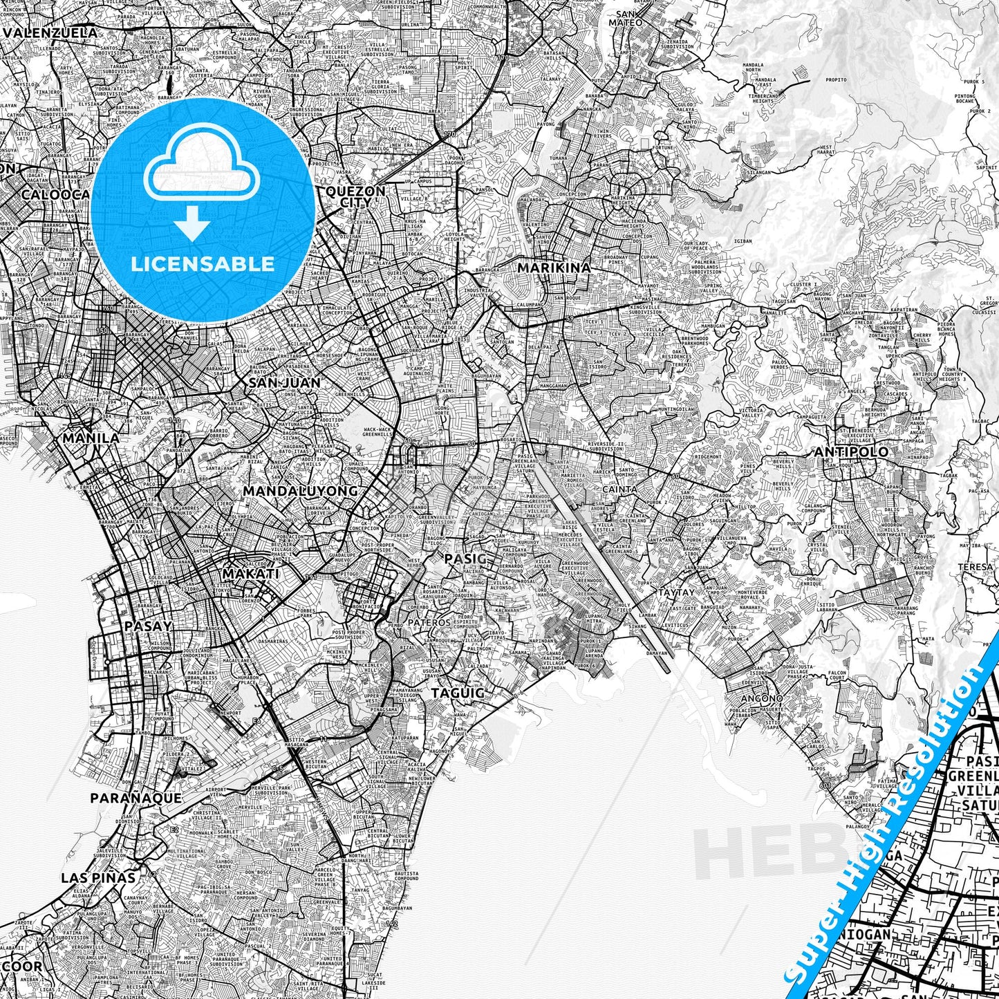 Pasig, Philippines light map with streetnames, citynames and districts