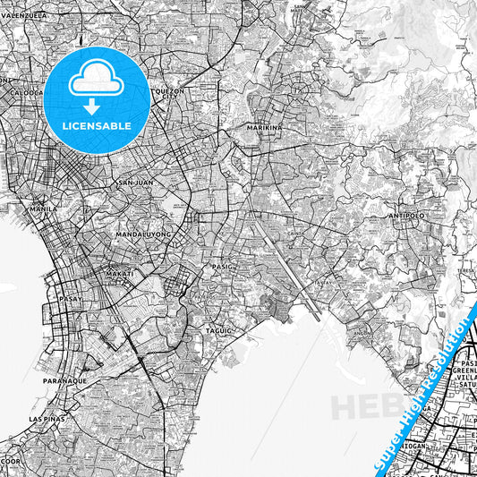 Pasig, Philippines light map with streetnames, citynames and districts