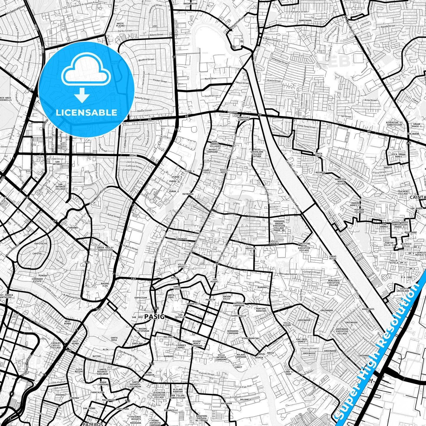 Pasig, Philippines Light Map with Street Names, City Names, and Districts