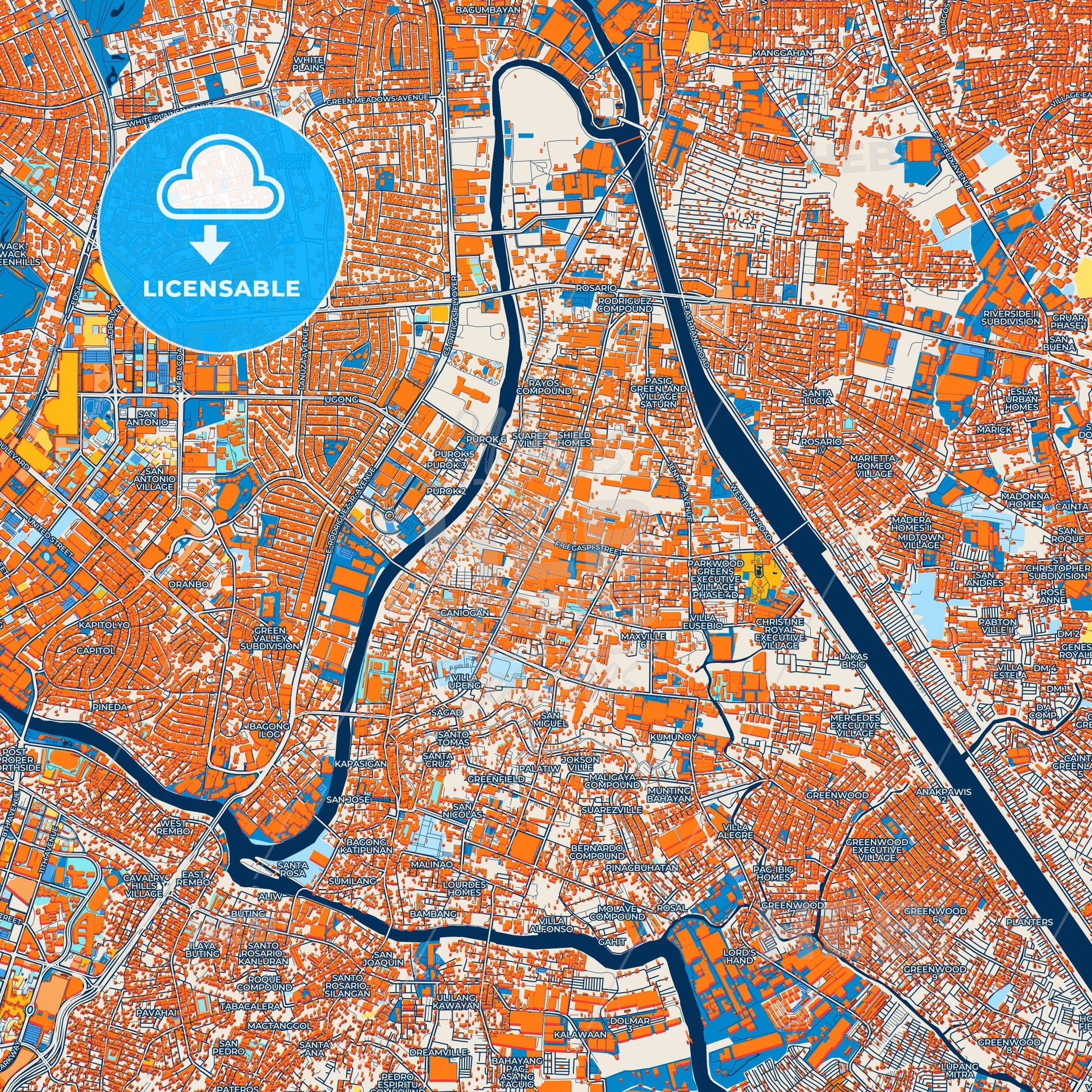 Colorful Pasig Street Map with Labels and Buildings